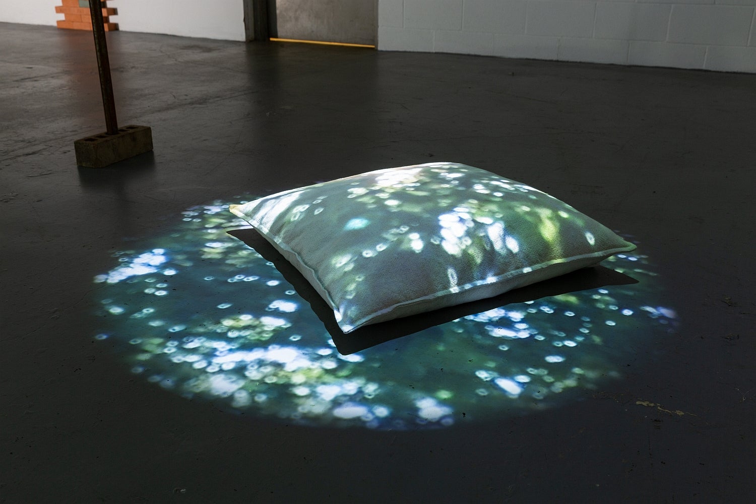 Artwork of a digital projector shining the image of dappled sunlight on a pillow on the floor.