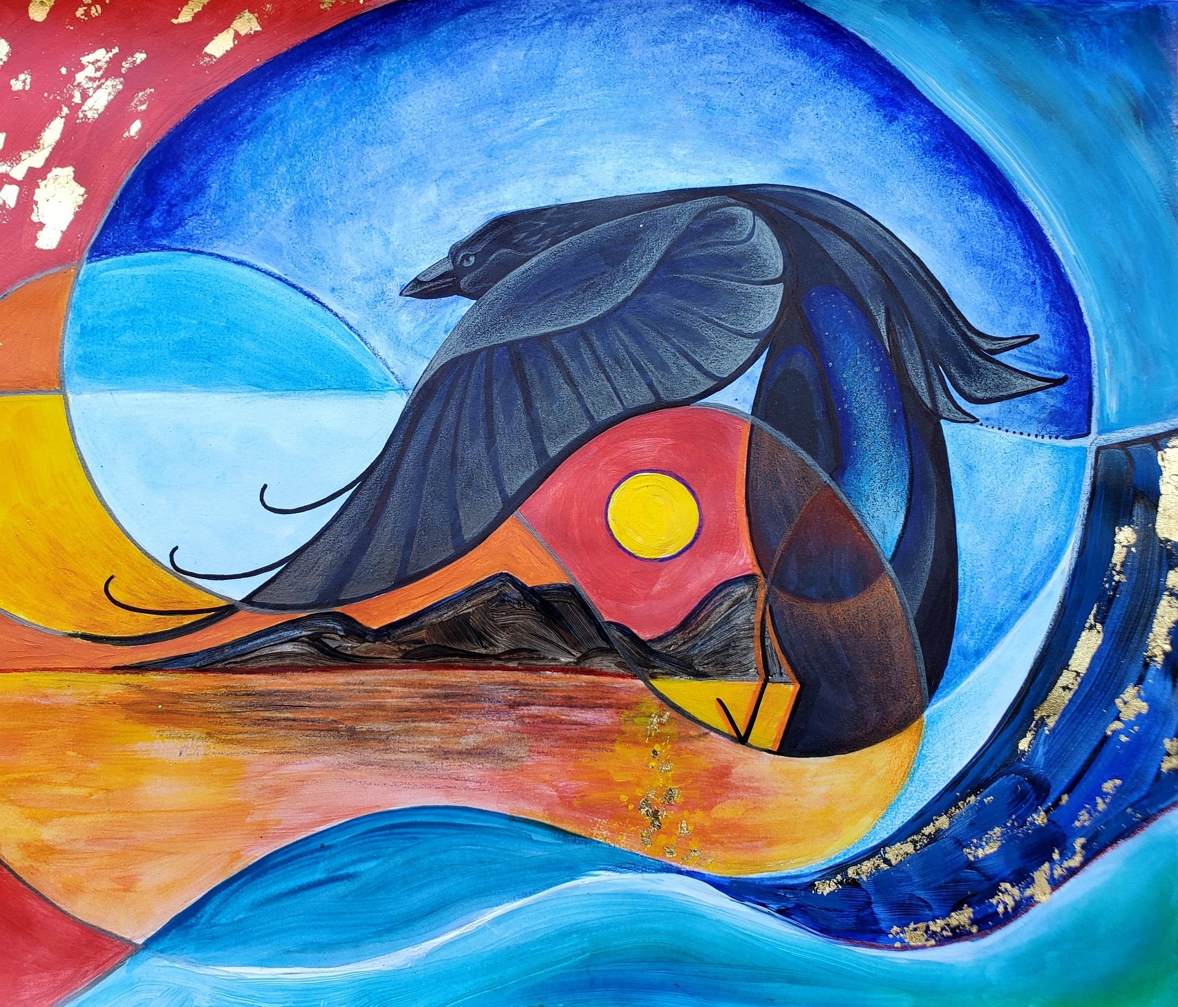 Artwork, a swirl of blue across a bare gold and red landscape with mountains; a raven flies through the blue.