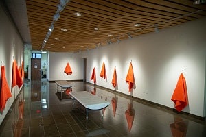 Art gallery installation of 10 orange blankets hung on single nails on gallery walls 