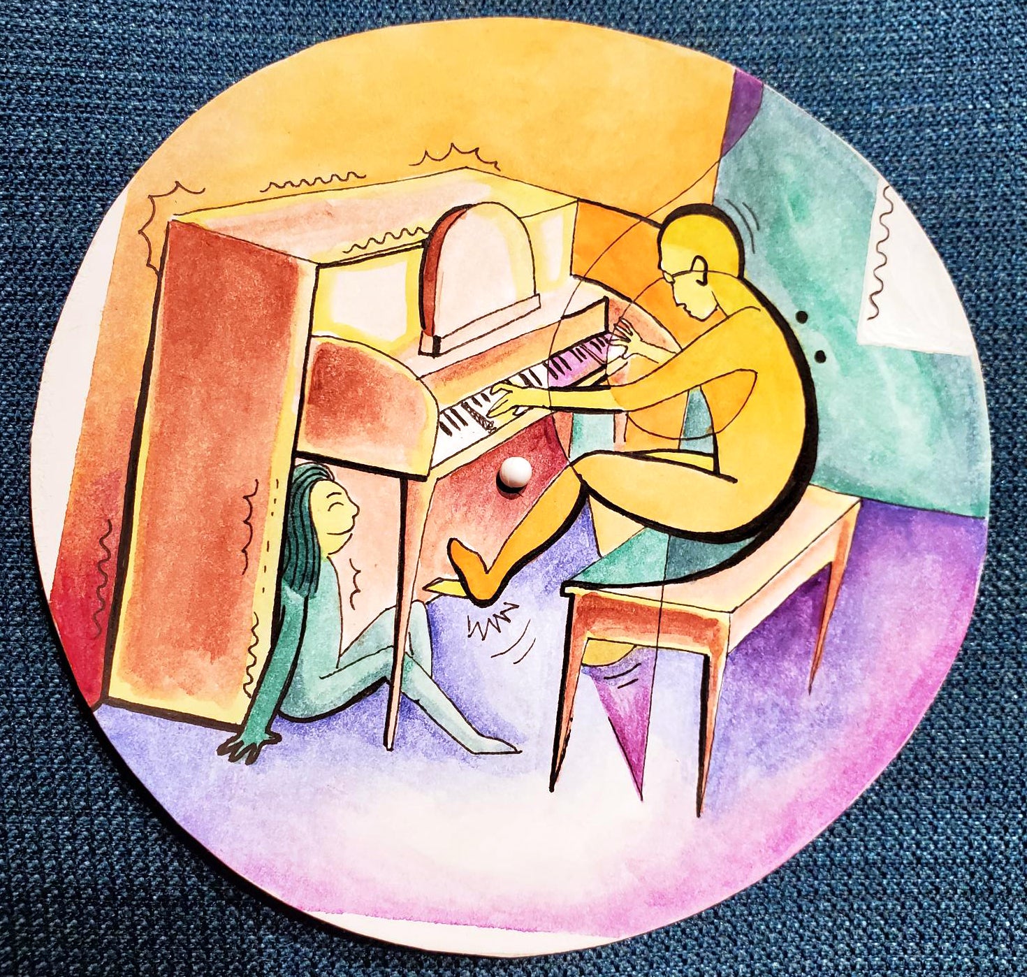 Stylized design shows a person playing piano while a second, smiling, person sits beneath the piano 