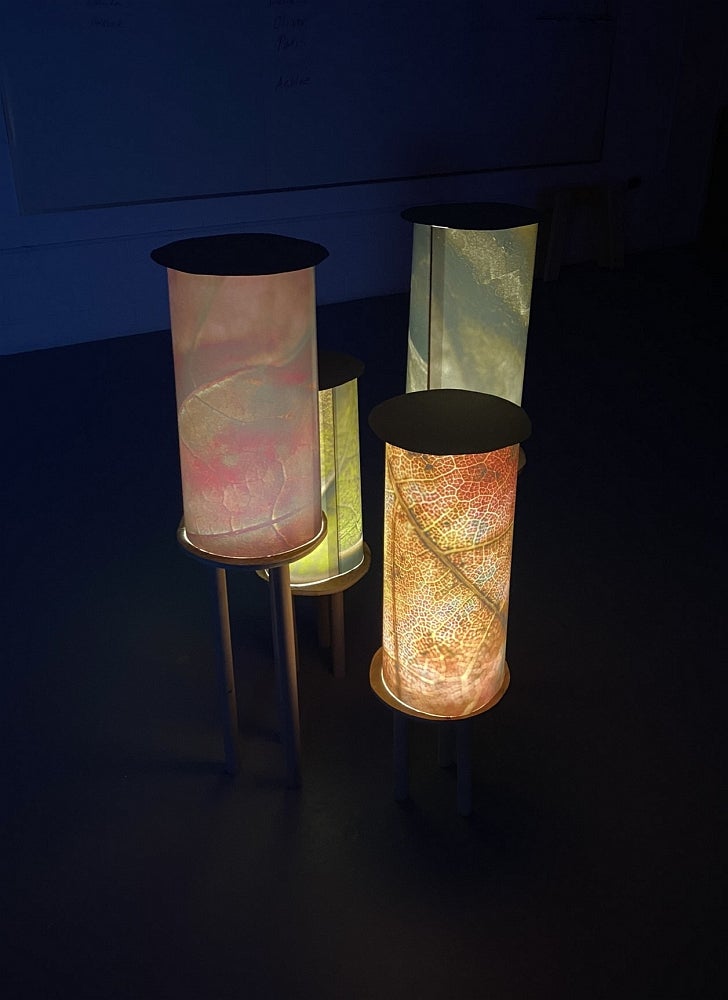 Artwork of four columns of paper, lit from inside, printed with magnified leaf patterns.