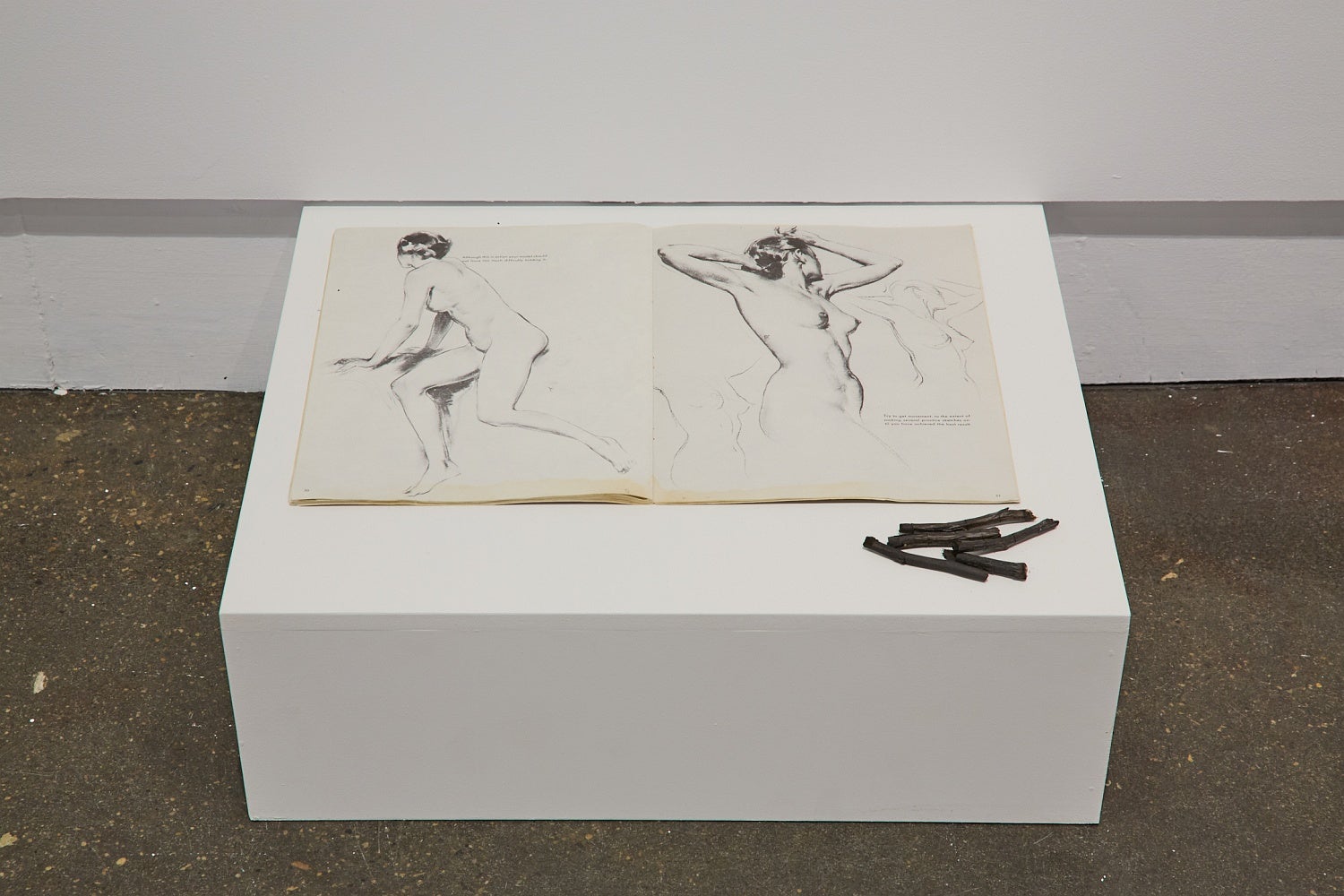 A vintage figure drawing manual and sticks of charcoal on a low platform.