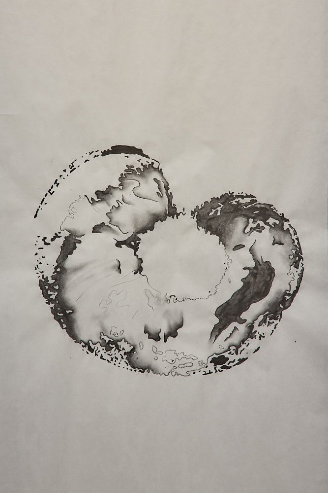 Abstract, textural, charcoal wash drawing of a peach.