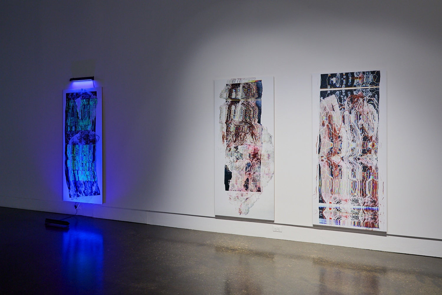 Art gallery installation of three large scale prints of distorted medical scans, one lit by ultraviolet light.