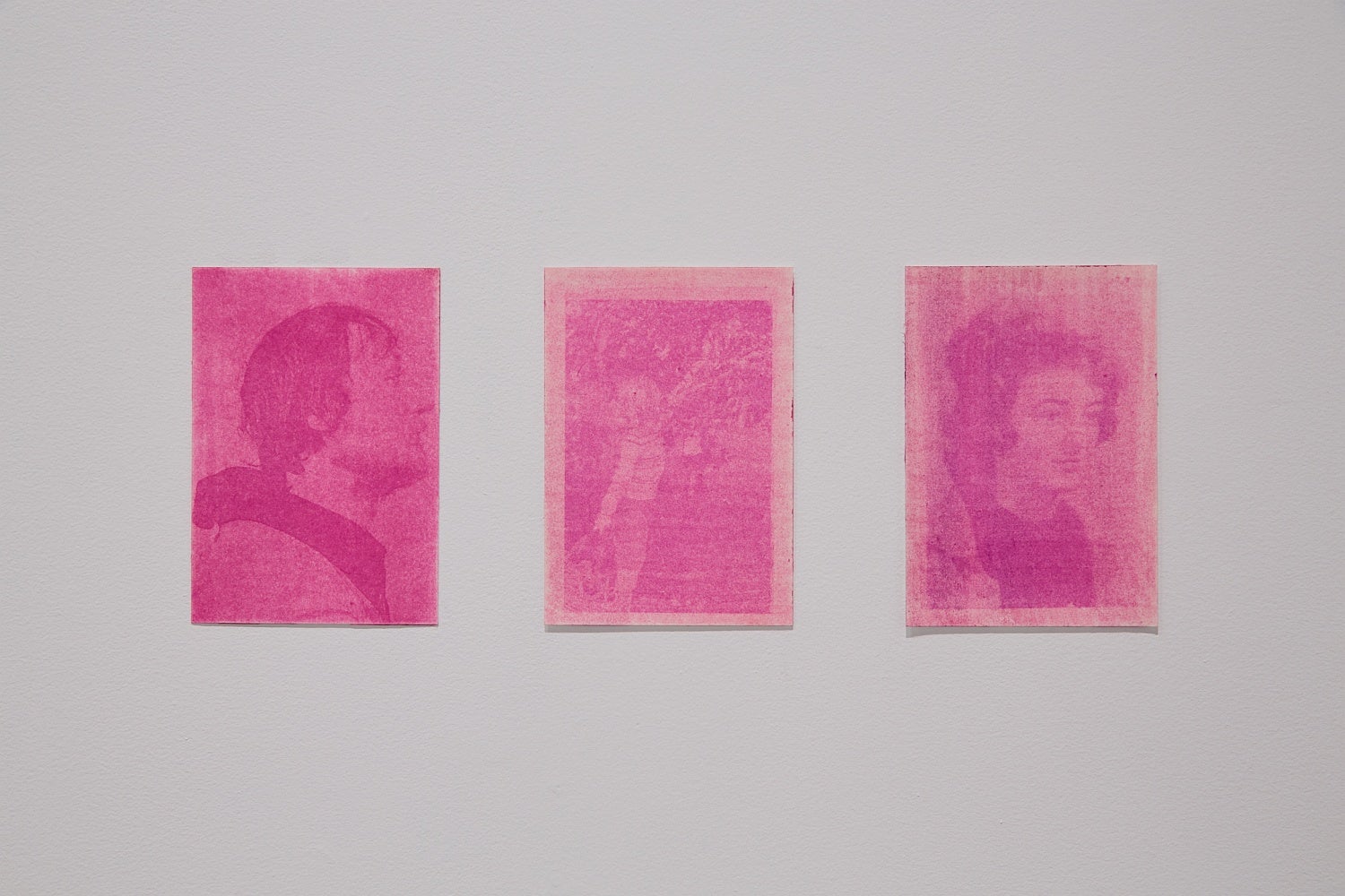 Three blurred, bright pink photographic reproductions include two portraits and a child stretching to pick fruit.