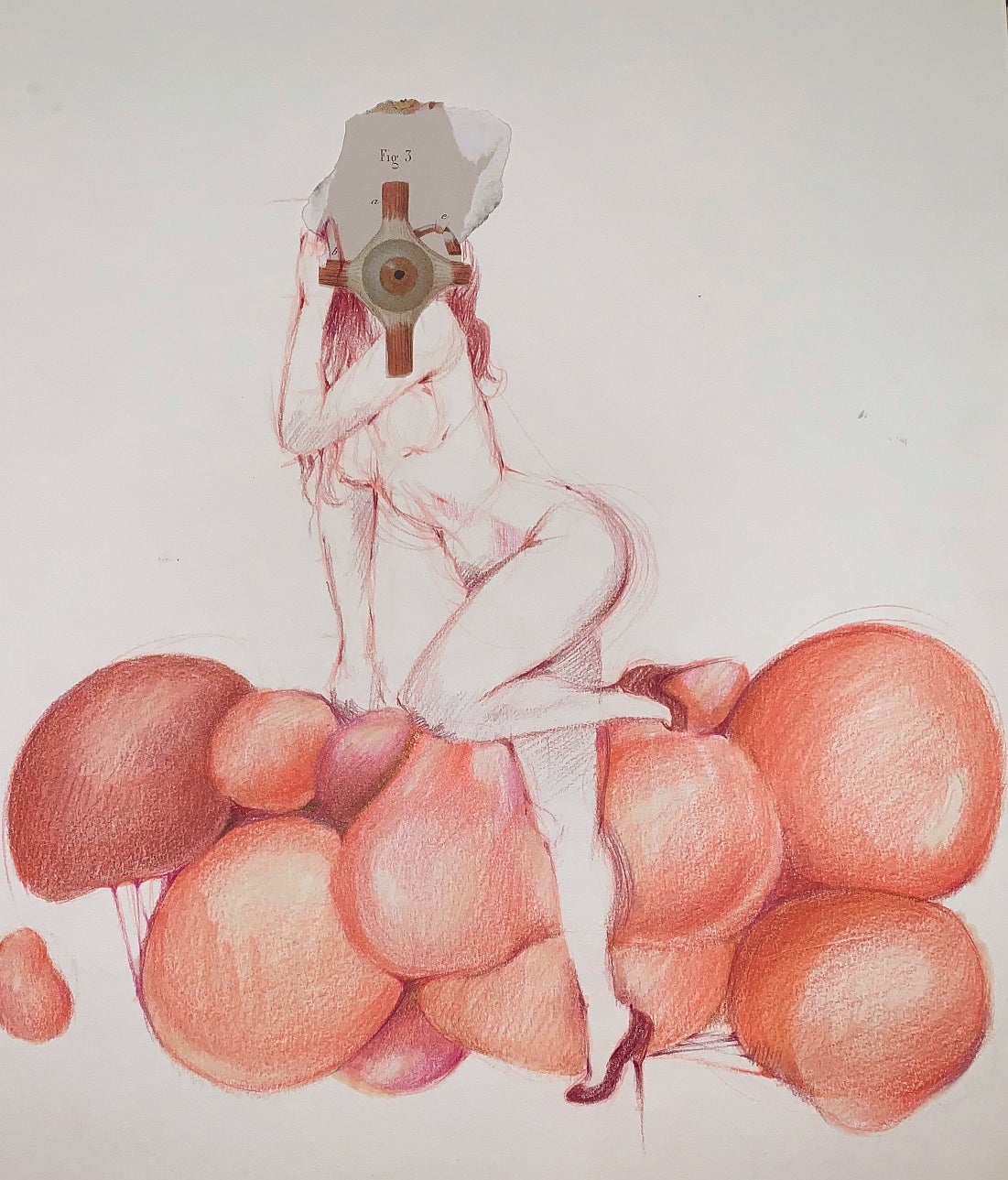 Drawing of nude female figure leaning with one leg raised against bulbous orange shapes, face covered with diagram of an eye