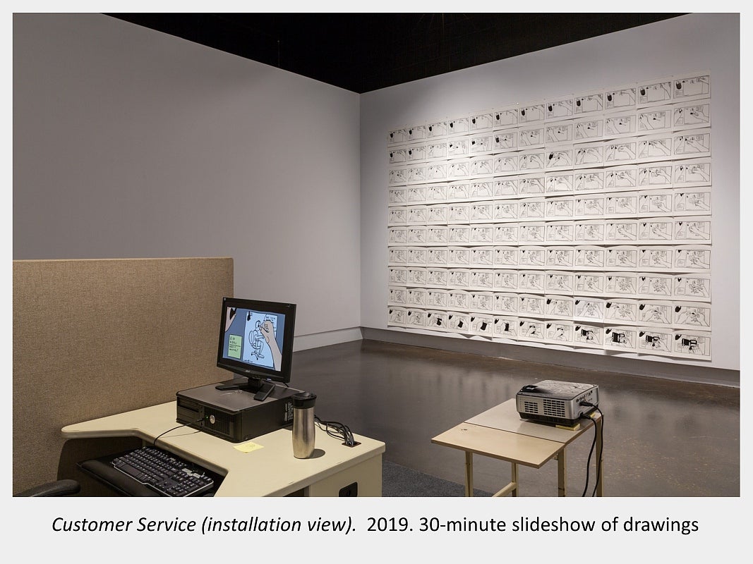 Patrick Allaby's exhibition Customer Service (installation view).  2019. 30-minute slideshow of drawings