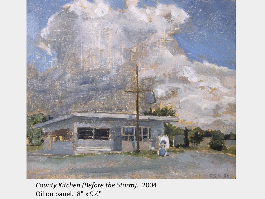 Artwork by Scott Anderson. County Kitchen (Before the Storm). 2004. Oil on canvas. 8" x 9½"