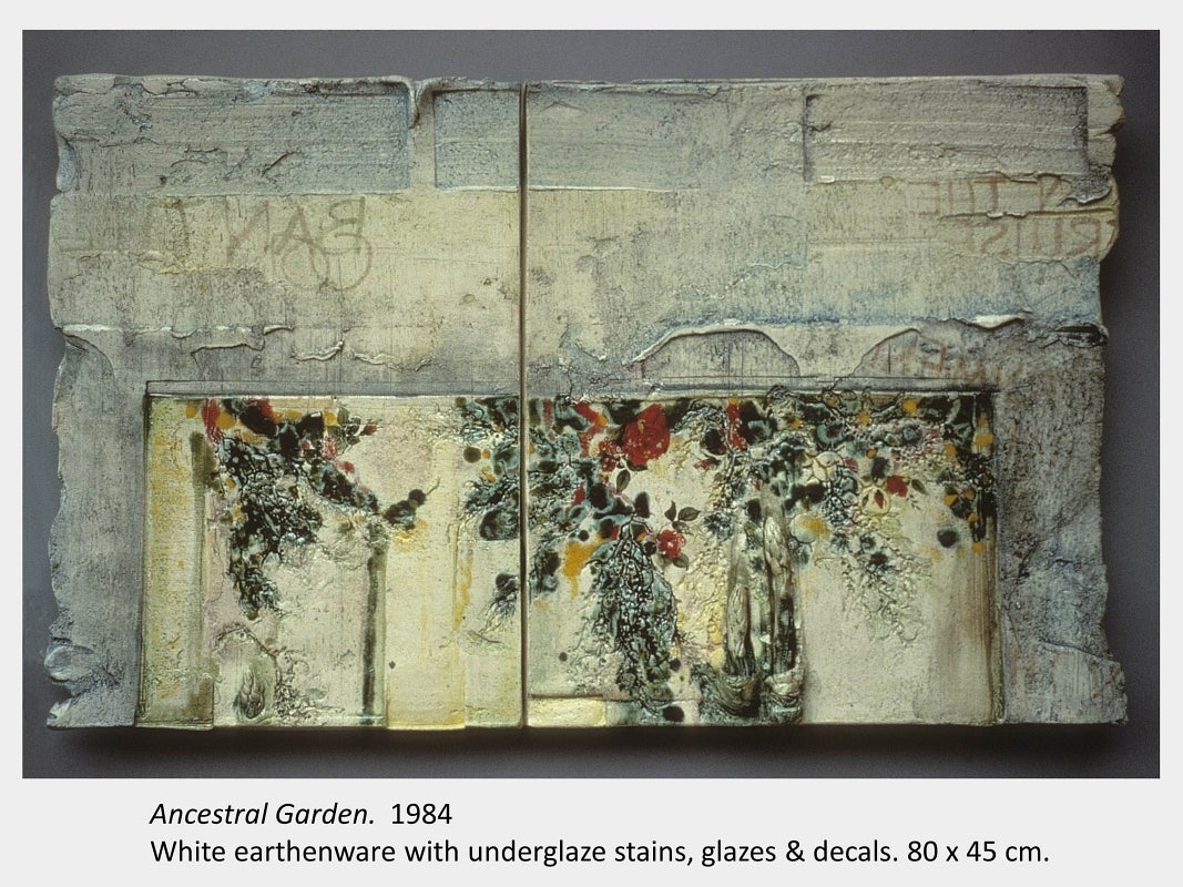 Artwork by Ann Roberts. Ancestral Garden. 1984. White earthenware with underglaze stains, glazes and decals. 80 x 45 cm