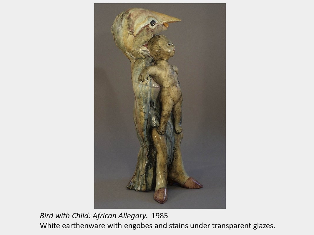 Artwork by Ann Roberts. Bird with Child: African Allegory. 1985. White earthenware, engobes and stains under transparent glazes