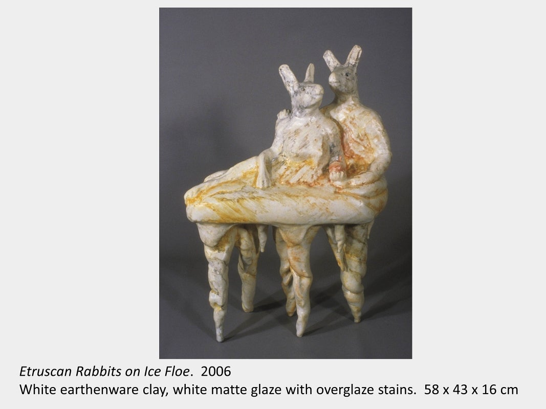 Artwork by Ann Roberts. Etruscan Rabbits on Ice Floe. 2006. White earthenware clay, with overglaze.  58 x 43 x 16 cm