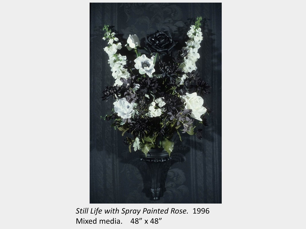 Artwork by Charles Baker. Still Life with Spray Painted Rose. 1996. Mixed media. 48” x 48”