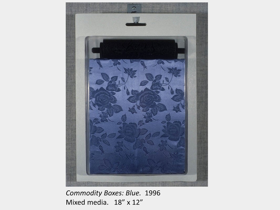 Artwork by Charles Baker. Commodity Boxes: Blue. 1996. Mixed media. 18” x 12”