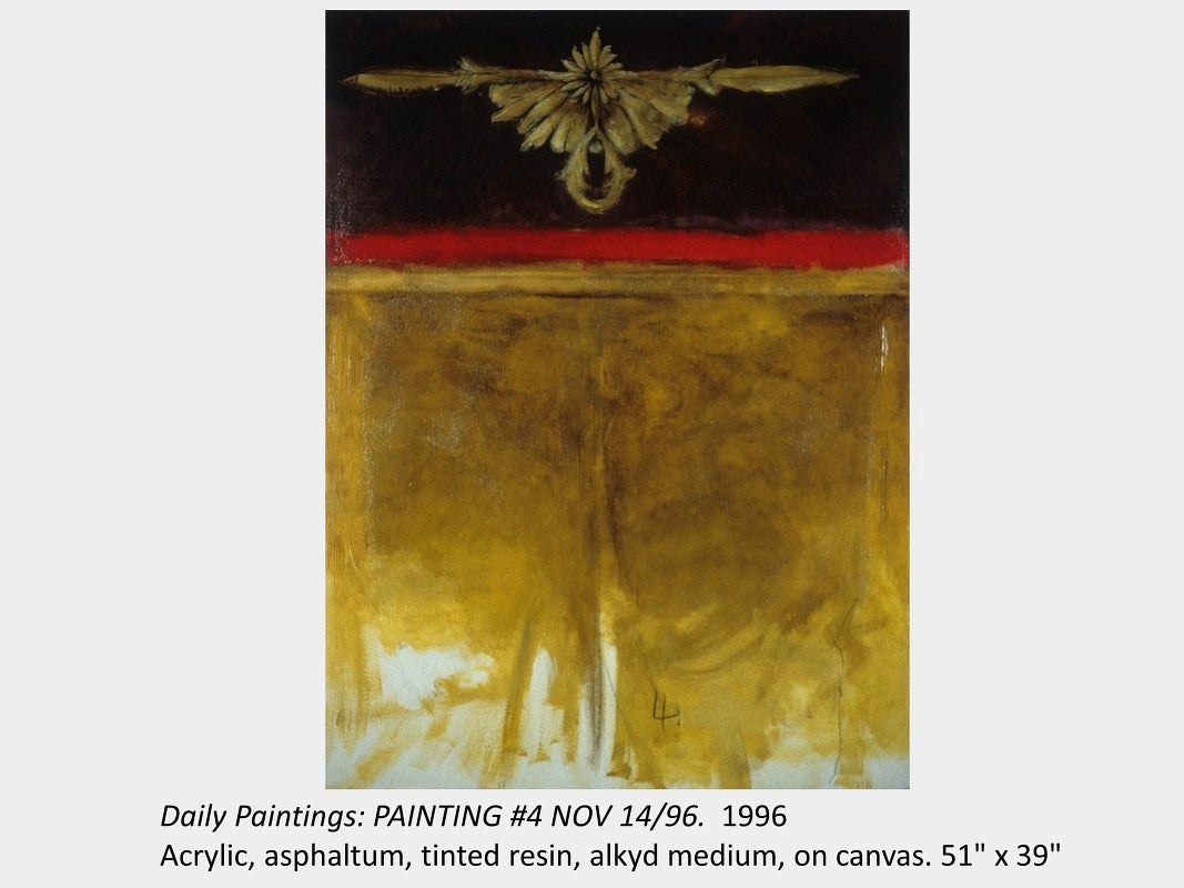 Artwork by Charles Baker. Daily Paintings: PAINTING #4 NOV 14/96. 1996. Acrylic, asphaltum, tinted resin, alkyd medium, canvas.