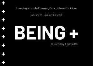 BEING+ exhibition logo with white text on black background