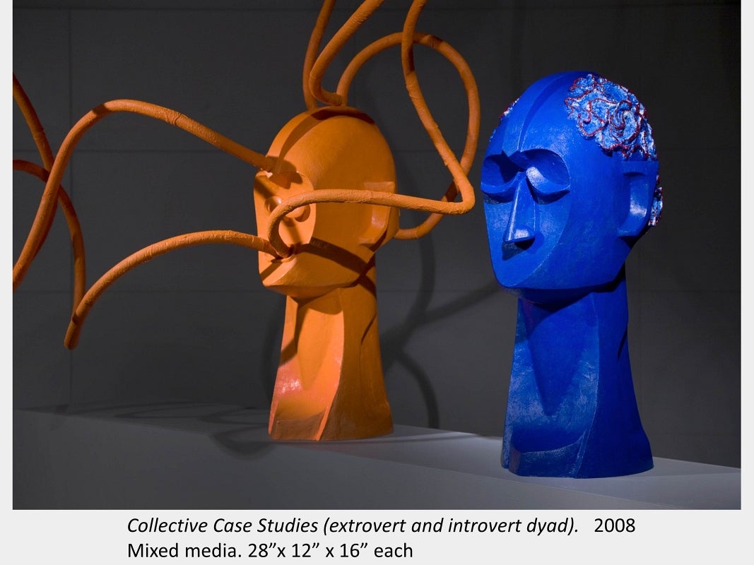 Artwork by Susan Beniston. Collective Case Studies (extrovert and introvert dyad). 2008. Mixed media. 28”x 12” x 16” each.