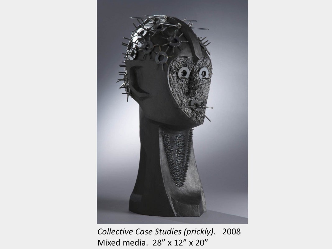 Artwork by Susan Beniston. Collective Case Studies (prickly). 2008. Mixed media.  28” x 12” x 20”