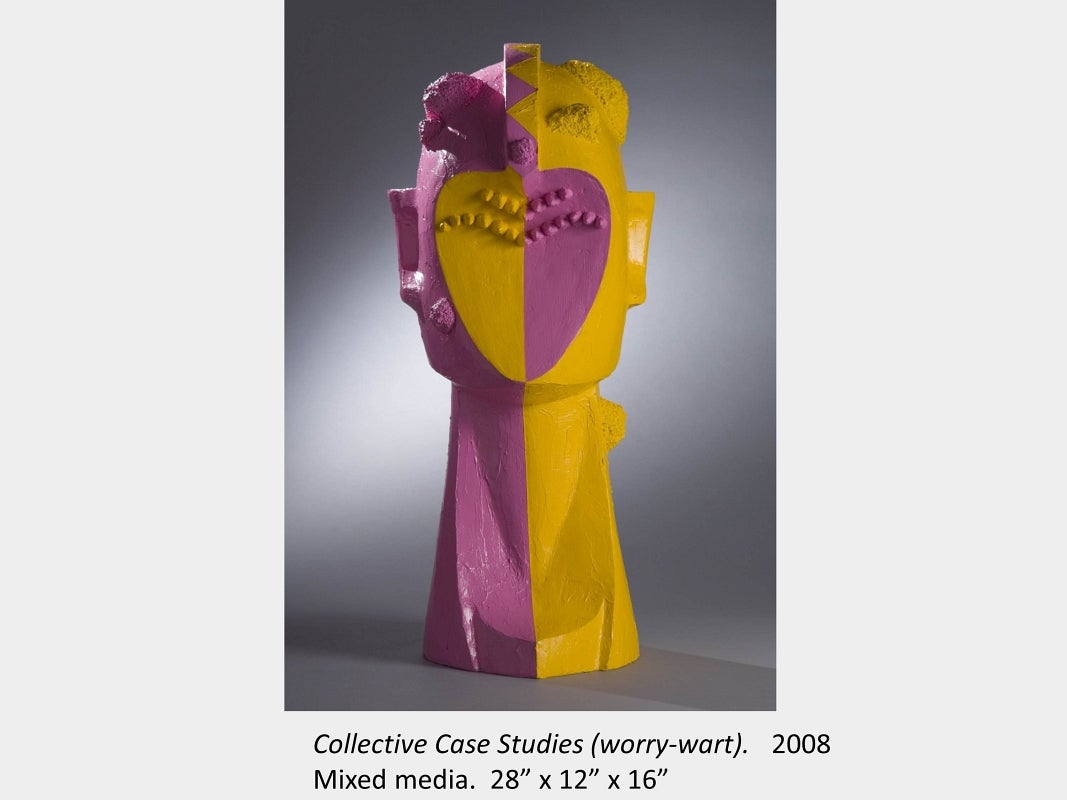 Artwork by Susan Beniston. Collective Case Studies (worry-wart). 2008. Mixed media.  28” x 12” x 16”