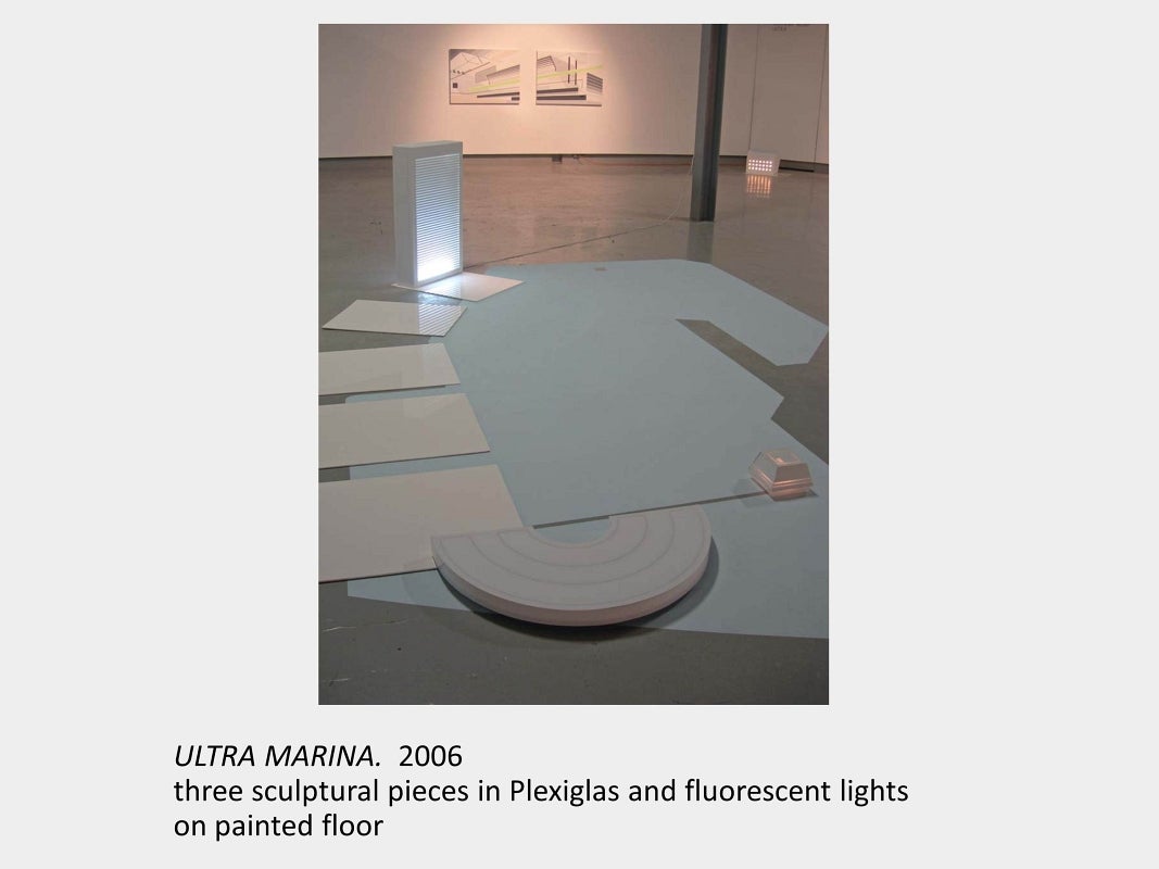 Artwork by Greg Blunt. ULTRA MARINA. 2006. three sculptural pieces in Plexiglas and fluorescent lights on painted floor