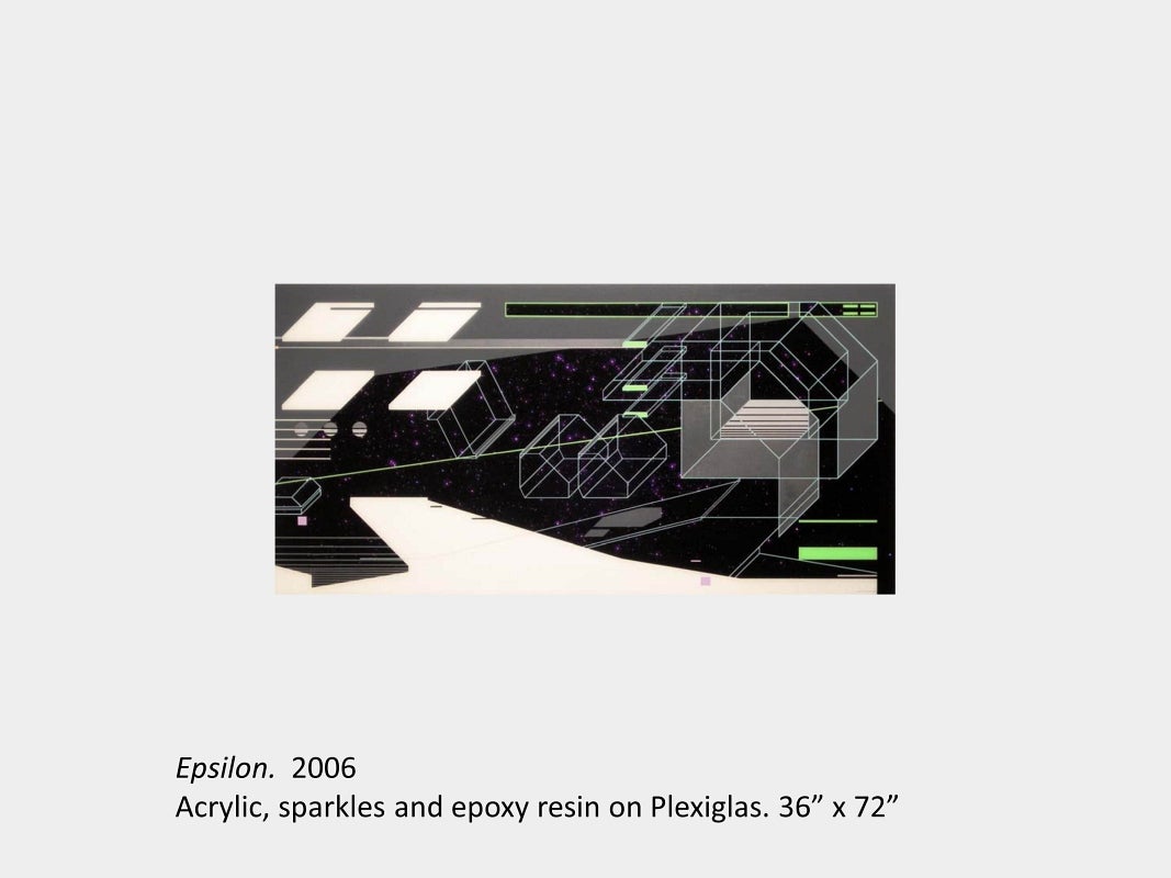Artwork by Greg Blunt. Epsilon. 2006. Acrylic, sparkles and epoxy resin on Plexiglas. 36” x 72”