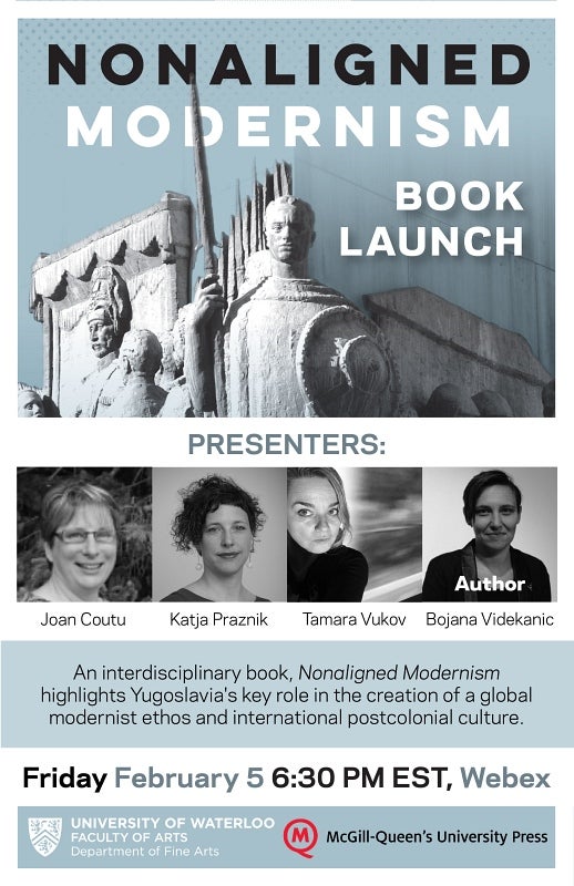Poster for Nonaligned Modernism book launch with sculpture of military figure and photographs of four presenters