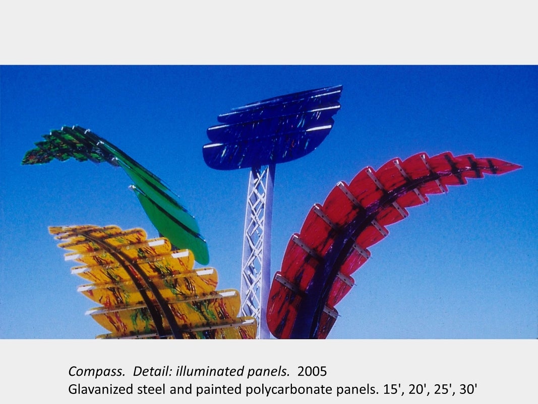 Artwork by Darlene Bolahood. Compass. Detail: illuminated panels. 2005. Glavanized steel and painted polycarbonate panels.