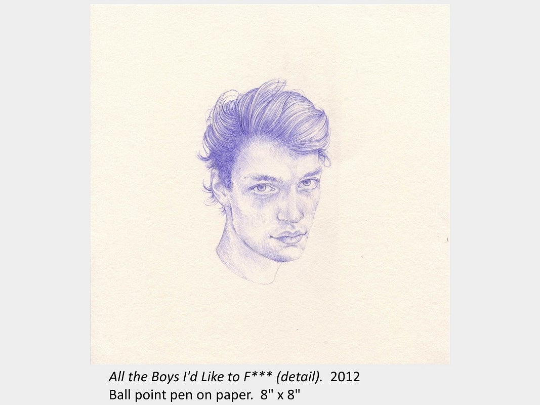 Artwork by Shauna Born. All the Boys I'd Like to F*** (detail). 2012. Ball point pen on paper. 8" x 8"