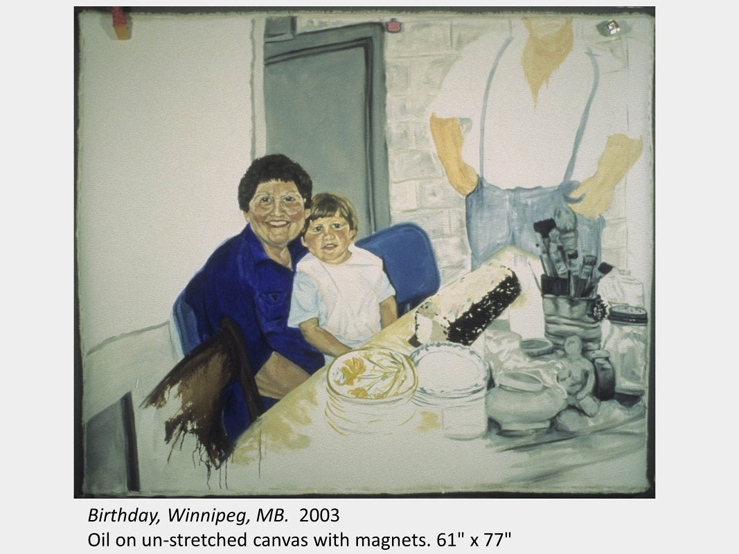 Artwork by Marla Botterill. Birthday, Winnipeg, MB. 2003. Oil on un-stretched canvas with magnets. 61" x 77"