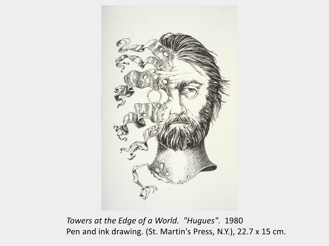 Artwork by Virgil Burnett; Towers at the Edge of a World, "Hugues"; 1980; Pen and ink drawing (St. Martin's Press, N.Y.)