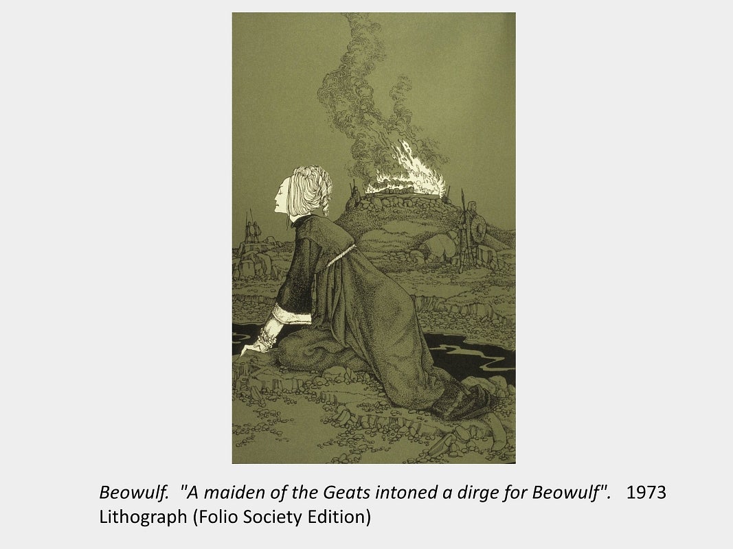 Artwork by Virgil Burnett; Beowulf, "A maiden of the Geats intoned a dirge for Beowulf"; 1973; Lithograph (Folio Society Edition