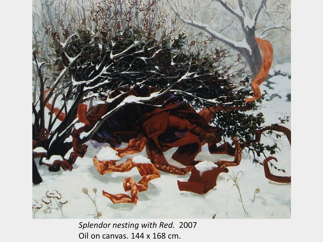 Artwork by Stephanie Bush. Splendor nesting with Red. 2007. Oil on canvas. 144 x 168 cm.