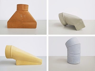 There are four individual photos of artworks that make up one larger image. They are in two rows of two. They are all colour images, and each sculpture is on a white background and sits on a grey floor. Top left: A burnt orange plaster sculpture that has a triangular form that leads to a rectangular base. The top of the sculpture is a round form with a subtle line connecting it to the triangular form. Top right: A grey plaster sculpture is bent to the right side as it leans to the floor. It has a rim that surrounds its top. Its bottom takes a brick-like form. Bottom left: A side profile of a yellow plaster sculpture with a round-rimmed top halfway bent. The bottom half is almost crushed flat underneath the top half. Bottom right: This grey sculpture sits takes the form of a pipe-like fixture with lined ridges and a slight bend on the top round rim.
