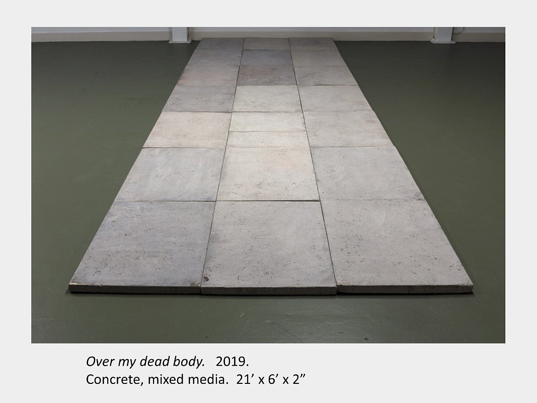 Artwork by Carrie Perreault, "Over my dead body",  2019.  Concrete, mixed media.