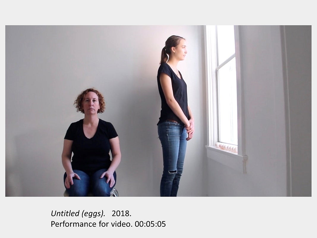 Artwork by Carrie Perreault, "Untitled (eggs)", 2018. Performance for video