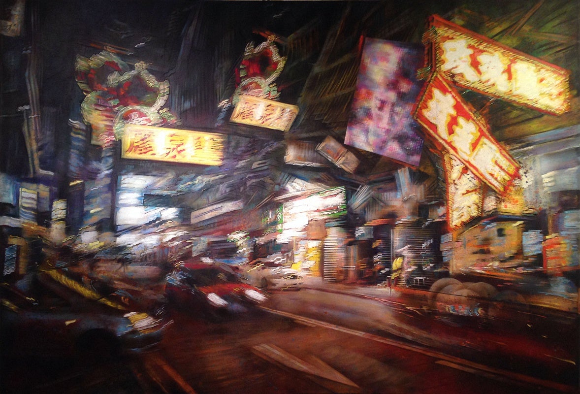 Painting of a street in Hong Kong at night with car traffic and brightly lit signs, all with a slight motion blur.