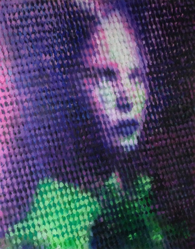Portrait of a woman in three-quarter view painted in dots of purple and green.
