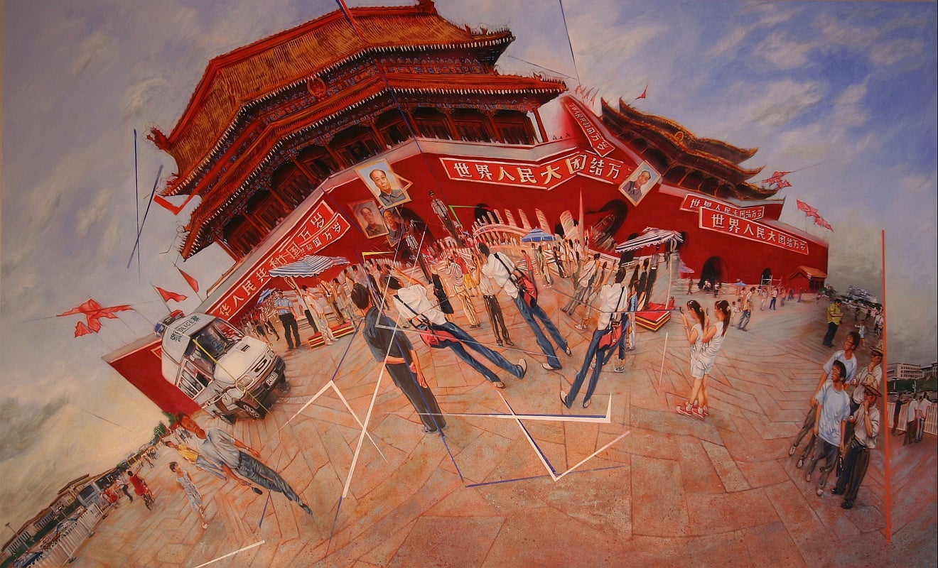 Painting of the entrance to the Forbidden City with tourists, kiosks and a police van.  The painting shows multiple views, pieced together with anamorphic distortion.