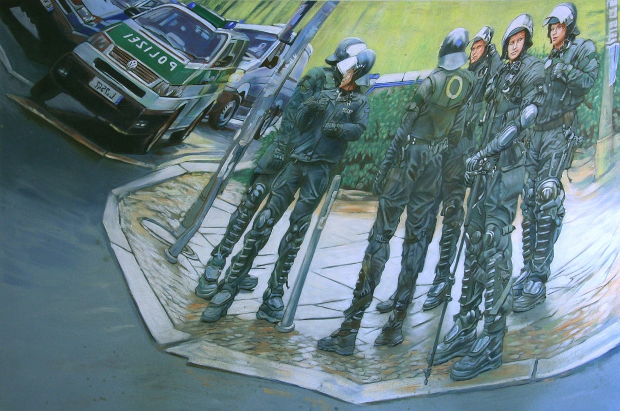 Painting of police vehicles and a group of police officers in riot gear on a street corner with anamorphic distortion.