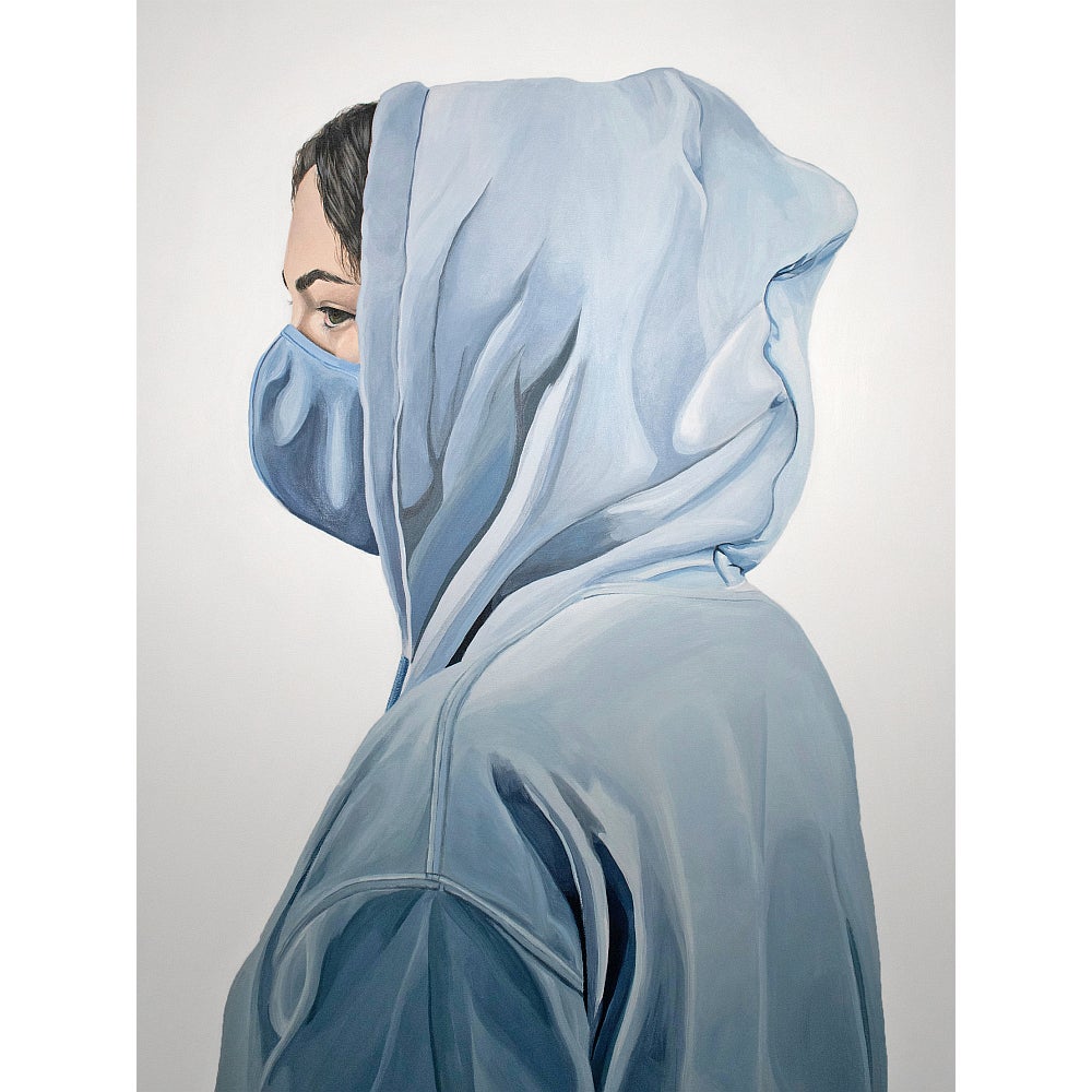 Painted portrait showing head and shoulders of a person in profile with their hood up, wearing a fabric mask over nose and mouth