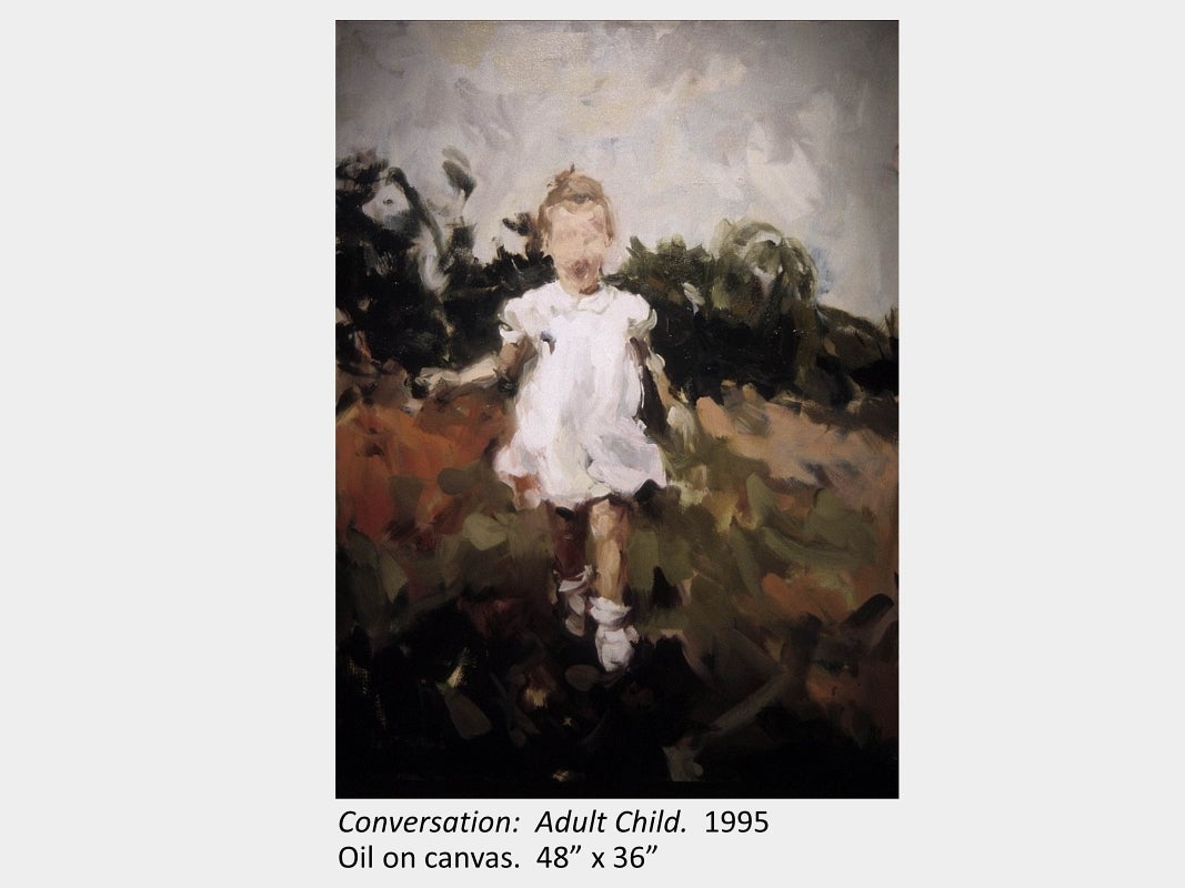 Artwork by Darlene Cole. Conversation: Adult Child. 1995. Oil on canvas. 48” x 36”