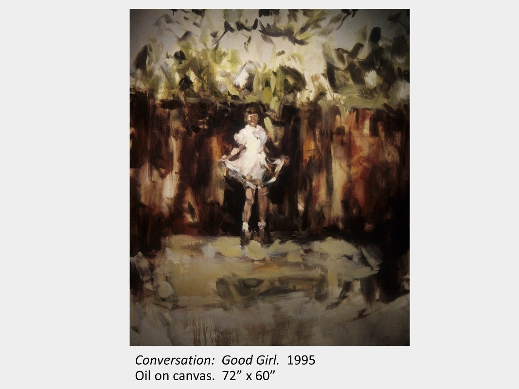 Artwork by Darlene Cole. Conversation: Good Girl. 1995. Oil on canvas. 72” x 60”