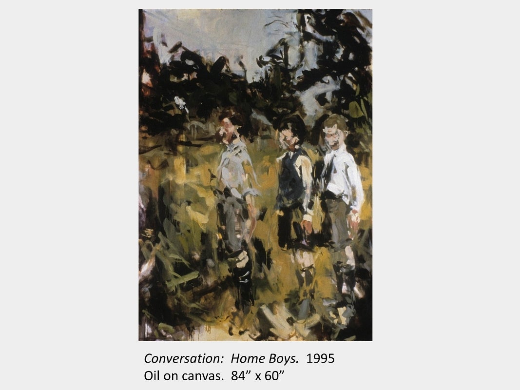 Artwork by Darlene Cole. Conversation: Home Boys. 1995. Oil on canvas. 84” x 30”