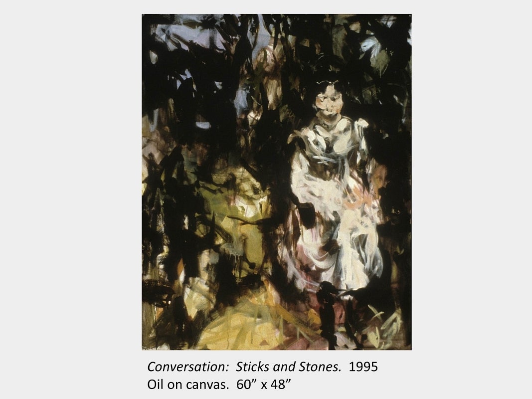 Artwork by Darlene Cole. Conversation: Sticks and Stones. 1995. Oil on canvas. 60” x 48”