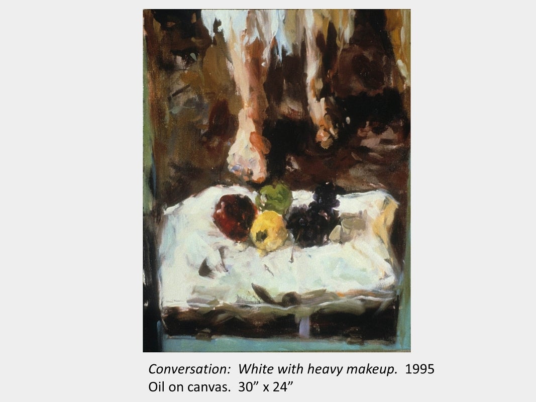 Artwork by Darlene Cole. Conversation: White with heavy makeup. 1995. Oil on canvas. 30” x 24”