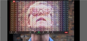 Person wearing glasses looking up is overlaid with a semi-transparent screen capture of a Facebook Live with thumbnails of same 