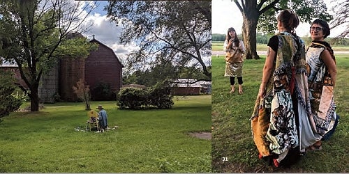 Left photo shows person sitting on the ground in front of a barn and surround by trees, photo on right show two people posing