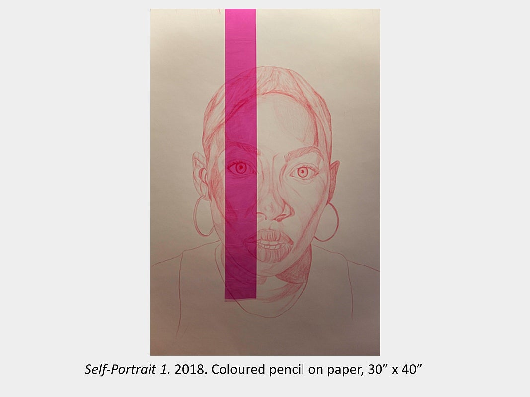 Artwork by Karice Mitchell -  Self-Portrait 1. 2018. Coloured pencil on paper, 30” x 40”