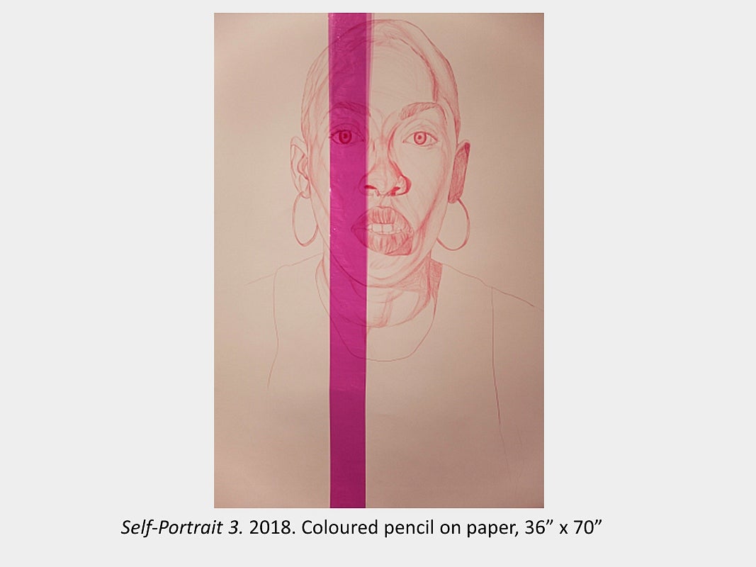 Artwork by Karice Mitchell -  Self-Portrait 3. 2018. Coloured pencil on paper, 36” x 70”