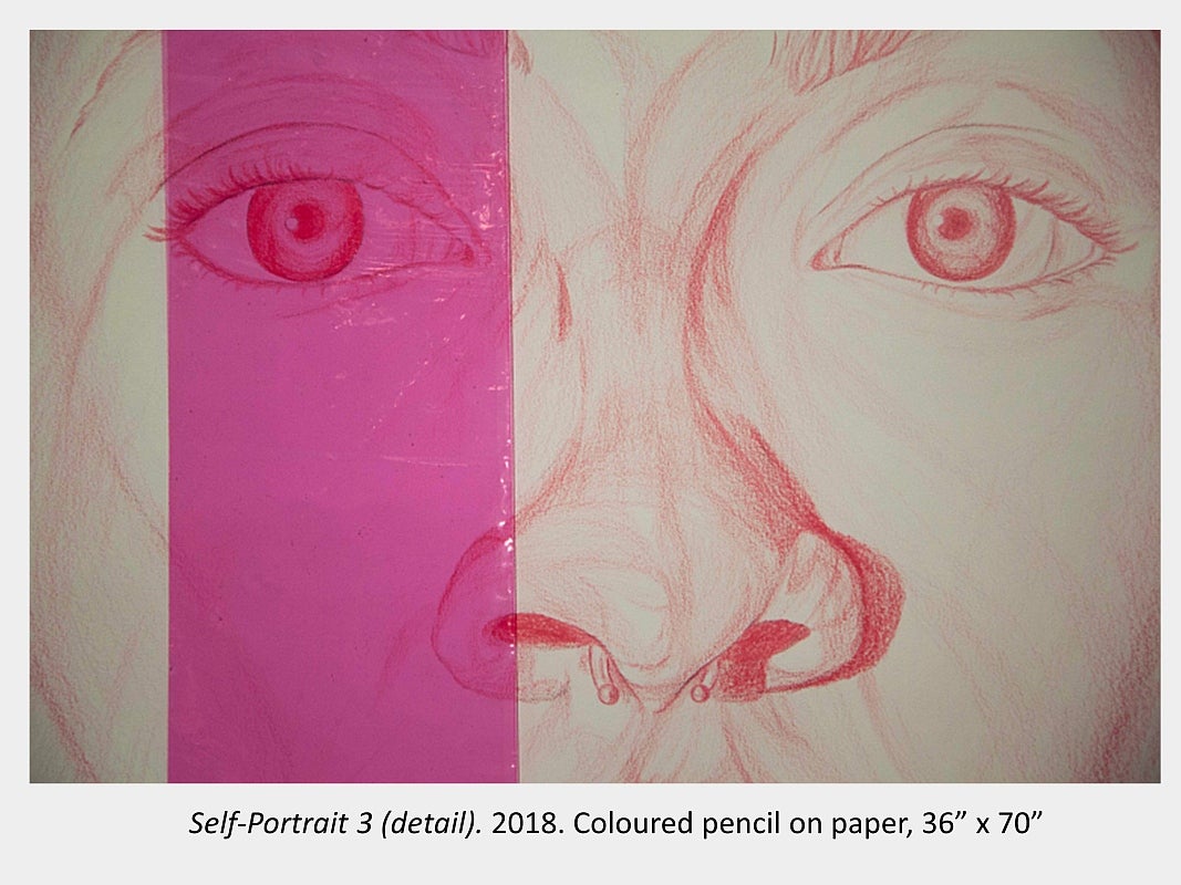 Artwork by Karice Mitchell -  Self-Portrait 3 (detail). 2018. Coloured pencil on paper, 36” x 70”
