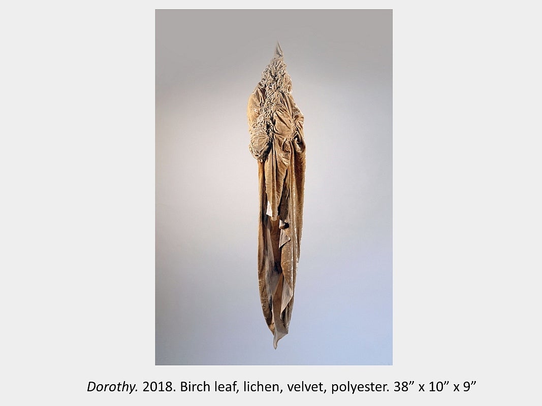 Artwork by Maria Sinmmons - Dorothy. 2018. Birch leaf, lichen, velvet, polyester. 38” x 10” x 9” 